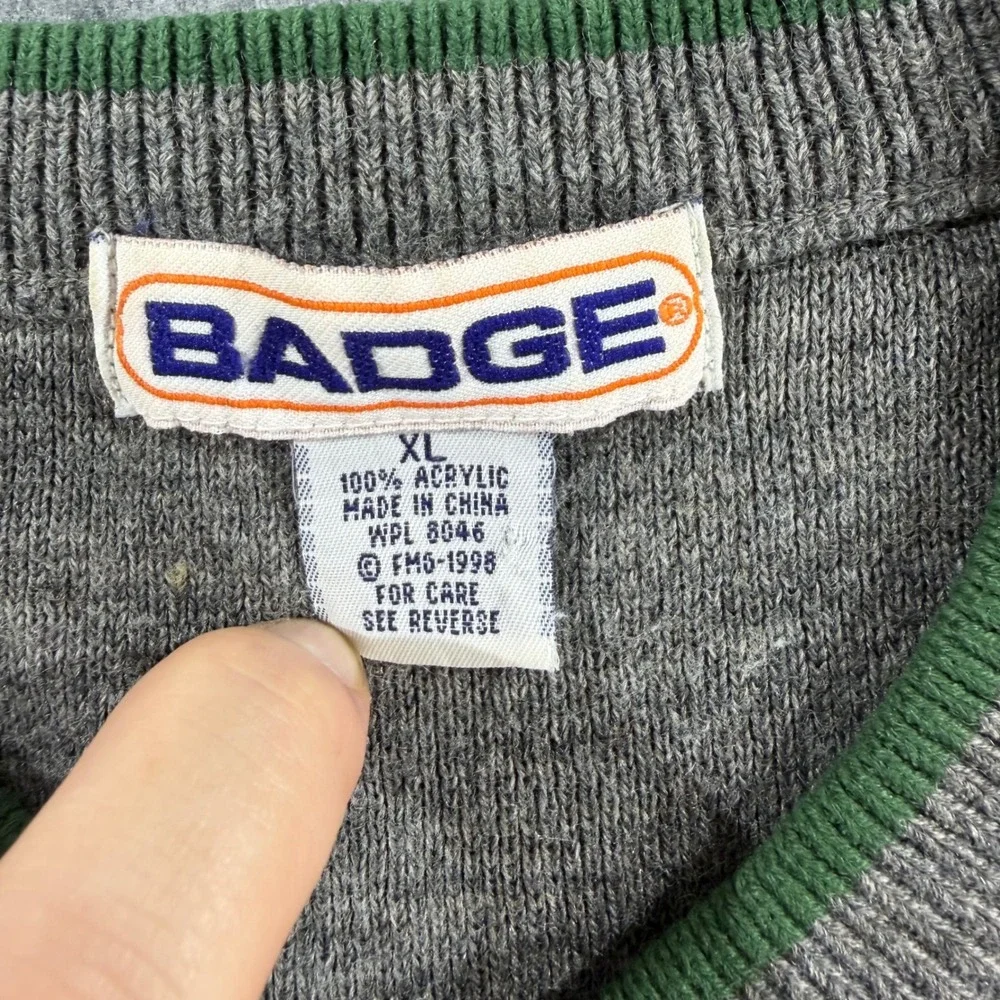 Vintage Badge Mens XL Gray Green Stripe Knit Crewneck Sweater 90s Retro